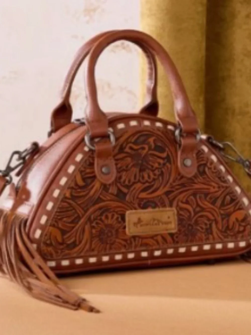 Montana West Tooled Floral Fringe Dome Satchel Bag Brown NWT